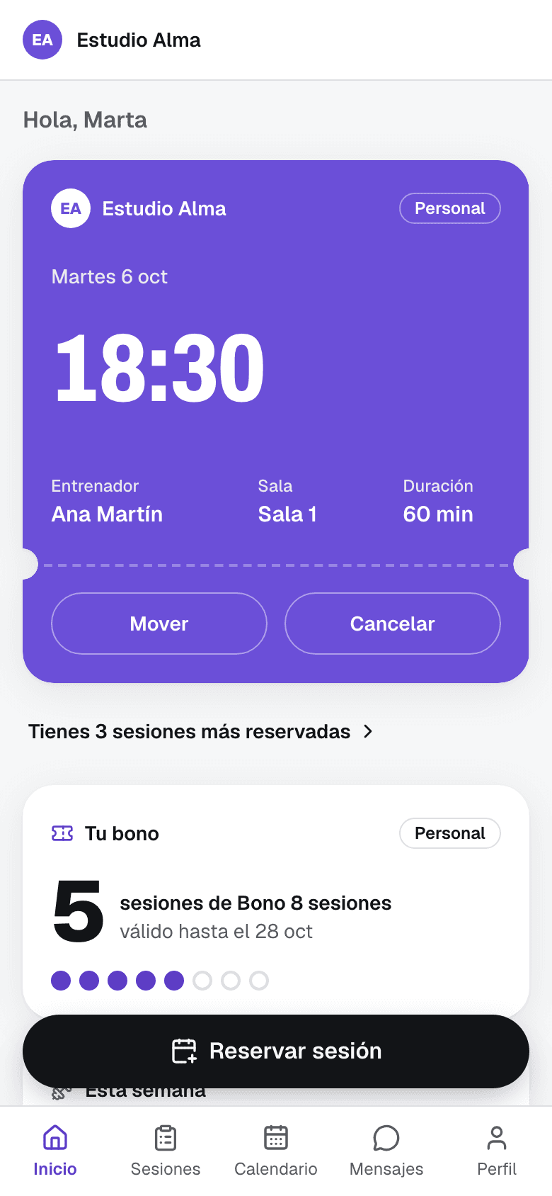 La app del cliente con la marca violeta de Estudio Alma