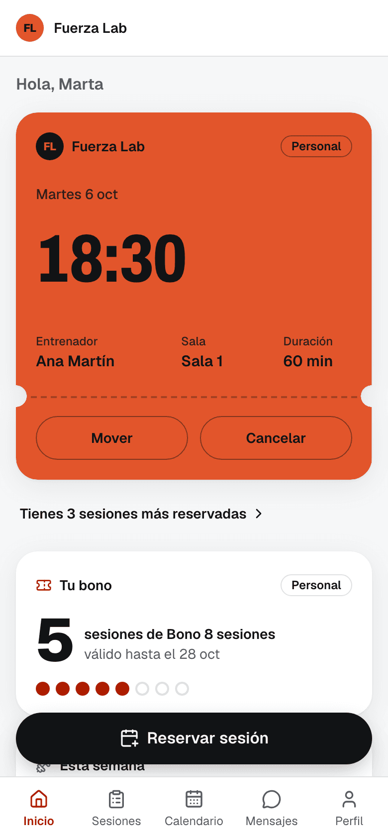 La app del cliente con la marca naranja de Fuerza Lab