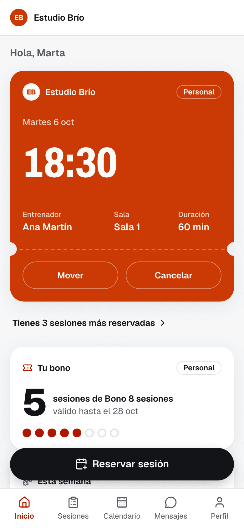 App del cliente: su próxima sesión y las sesiones que le quedan en el bono